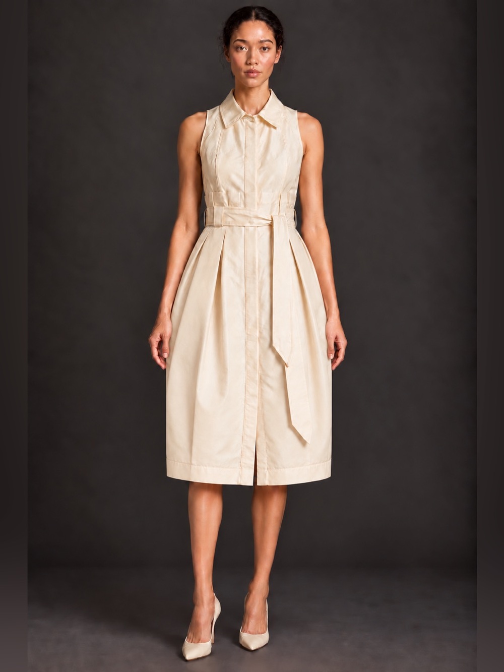 Gianfranco Ferre Sleeveless Collared Belted Midi Dress in Cream